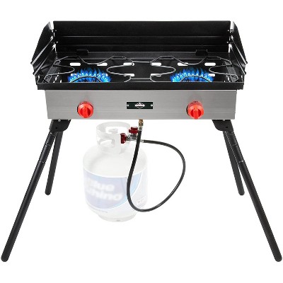 Hike Crew Cast Iron Double-Burner Outdoor Gas Stove | 150,000 BTU Portable Propane-Powered Cooktop w/ Compact Foldable Legs, Temperature Control Knobs, Wind Panels, Hose Regulator & Storage Carry Case