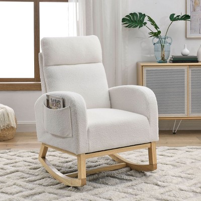 Padded Rocking Chair With Wood Legs And High Backrest,Nursery Room Rocking Armchair,Lounge Chair For Living Room And Bedroom-The Pop Home