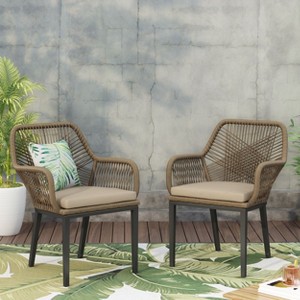 Okak Lawn Chairs with Woven Backrest and Cushions, Outdoor Chair with Fixed Armrests, Patio Chair for Deck, Backyard, Garden, Brown+Beige - 1 of 4