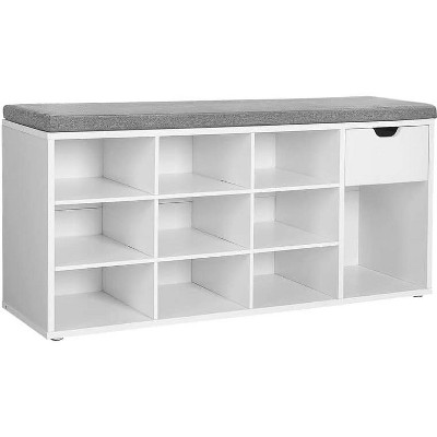 15-Compartment Storage Bench with Padded Seat - Ultra-Organized Entryway Shoe Storage in Heather Greige/Cappuccino