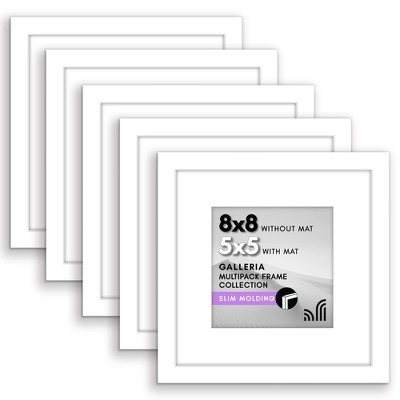 Americanflat 8x8 Picture Frame  - Set of 5 - Use as 5x5 Frame with Mat or 8x8 Frame Without Mat - Gallery Frames for Tabletop and Wall Display - White