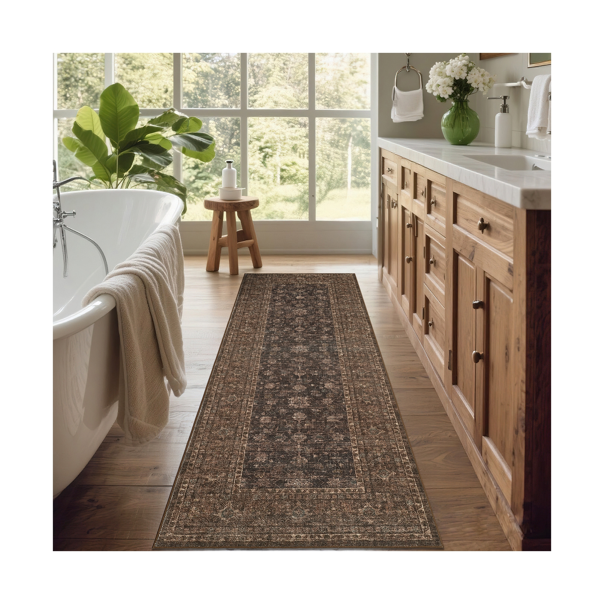 Distressed Hallway Runner Rug 2x6 Vintage Floral Kitchen Rugs with Non-Slip Backing, Non Shedding Thin Carpet Runner, Foldable Printed Indoor Carpet