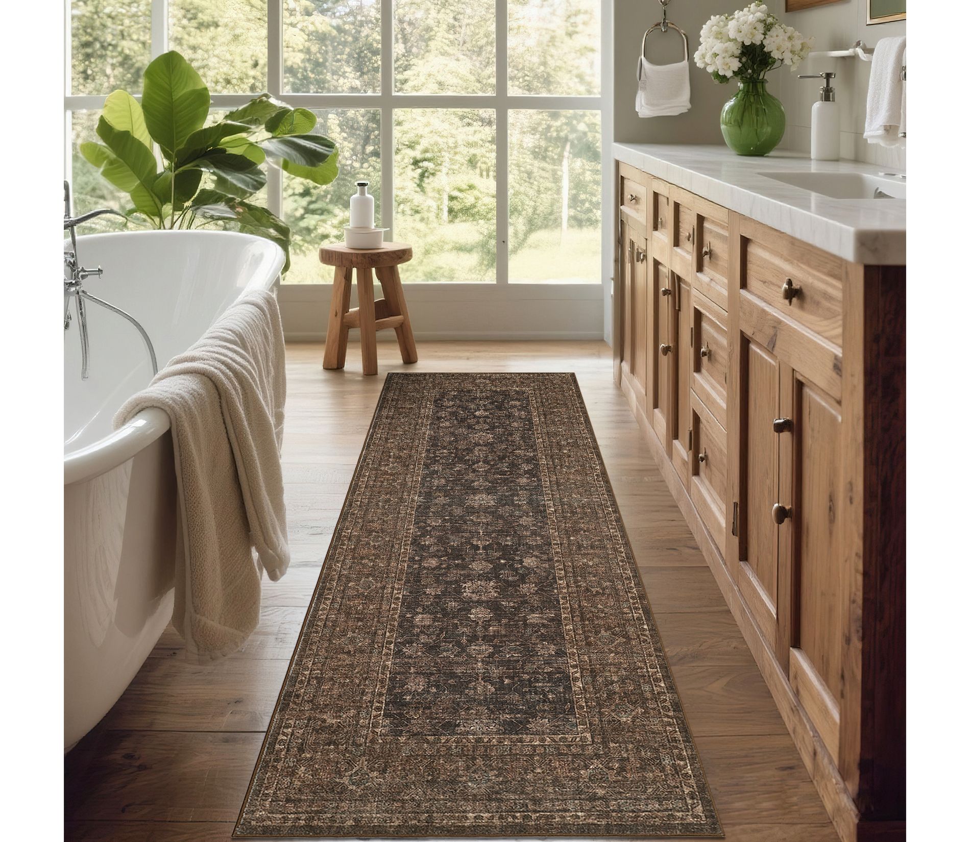 Distressed Hallway Runner Rug 2x6 Vintage Floral Kitchen Rugs with Non-Slip Backing, Non Shedding Thin Carpet Runner, Foldable Printed Indoor Carpet
