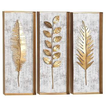 Metal Leaf Framed 3D Wall Decor with Distressed Wood Backing Set of 3 Gold - Olivia & May