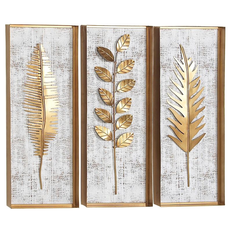 Metal Leaf Framed 3D Wall Decor with Distressed Wood Backing Set of 3 Gold - Olivia &#38; May, 1 of 26