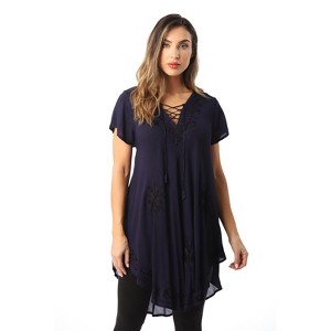 Riviera Sun Lace-Up Casual Tunic Top with Embroidery - 1 of 3