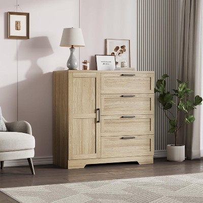 Multifunctional Wood 4-Drawer Dresser，43.3" H Armoire Wardrobe Closet with Hanging Rod