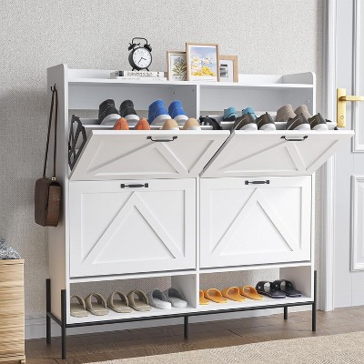 Shoe Cabinet Storage for Entryway,4-Door Double-Layer Shoe Storage Cabinet,Large Shoe Organizer for Entryway,Retro Wood Material Shoe Organizer