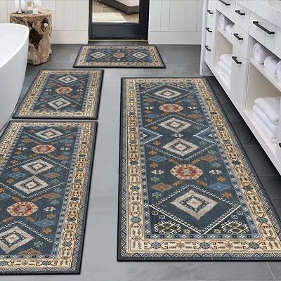 FURNIinspire Floor Mats 4 Piece Farmhouse Kitchen Rug Washable Area Rugs Non Skid Bohemian Mat for Hallway Entryway, Blue, 60"*20"
