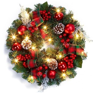18 Inch Christmas Wreath, Christmas Door Wreath with Ribbon, Berry Pine Cone Ball Decorations, Suitable for Indoor and Outdoor Decoration - 1 of 4