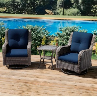 JUJABU 3 Pieces Wicker Patio Swivel Rocker Chair Set  with Blue Cushion and Side Table