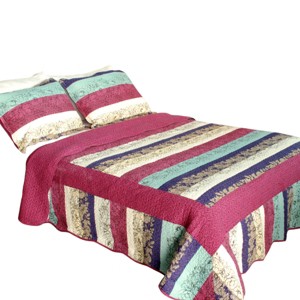 Slickblue Full/Queen Cotton 3PC Quilt Set, Vermicelli Quilted, Stripes Design, Reversible Bedding, 90x98 - 1 of 4
