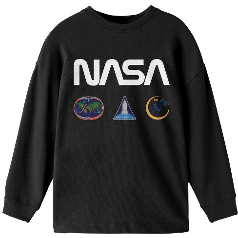 NASA Logo Patches Boy s Black Long Sleeve Shirt XS