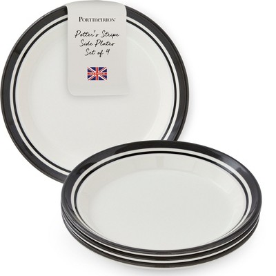 Portmeirion Potter's Stripe Dinner Plate, Set of 4, 8" Earthenware Stackable Plates with Black Striped Rim, Ideal Modern Dinnerware
