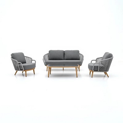 Woven Accent Outdoor Sofa Set 3Seater + Textured Wood Frame Lounge Chairs & Rectangular Table