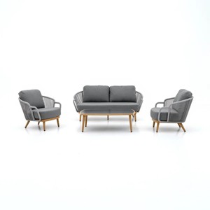 Woven Accent Outdoor Sofa Set 3Seater + Textured Wood Frame Lounge Chairs & Rectangular Table - 1 of 4