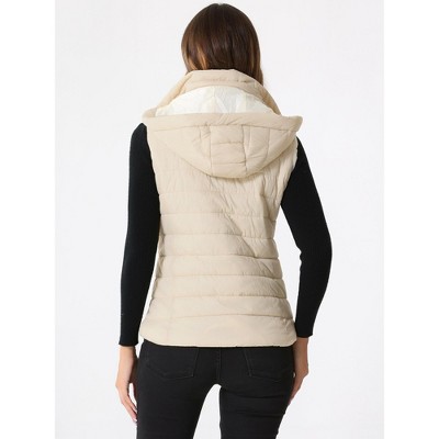 Allegra K Women's Zip-Up Sleeveless Winter Hoodie Quilted Jacket Beige Small — фото 3
