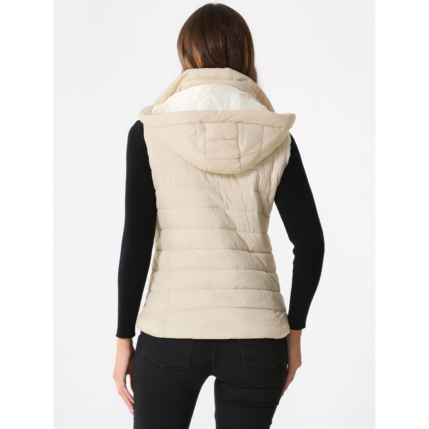Женские худи Allegra K Zip-Up Sleeveless Winter Quilted Jacket Beige, цвет: Бежевый — фото 3