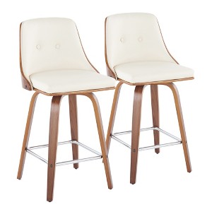 Set of 2 26" Faux Leather Mid-Century Modern Counter Stools with Wood Legs, Round Chrome Footrest, and 360¡ã Swivel for Kitchen - 1 of 4