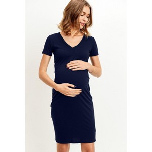 Hello Miz Fitted Short Sleeve Ribbed V Neck Maternity Dress - 1 of 3