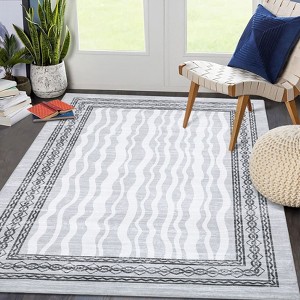 Modern Wave Print Area Rug Geometric Bordered Floor Carpet for Bedroom Low Pile Soft Rugs for High Traffic Areas - 1 of 4