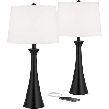 360 Lighting Karl Modern Table Lamps 28 1/4" Tall Set of 2 Black Metal with USB and AC Power Outlet in Base White Drum Shade for Bedroom Living Room