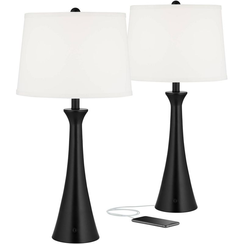 360 Lighting Karl Modern Table Lamps 28 1/4" Tall Set of 2 Black Metal with USB and AC Power Outlet in Base White Drum Shade for Bedroom Living Room, 1 of 10