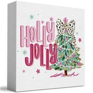 Pink Merry Christmas Wall House Decor Holly Jolly Christmas Tree Coquette Sign, Office Home Decor for Desk Table Shelf 5 X 5 inch - 1 of 3