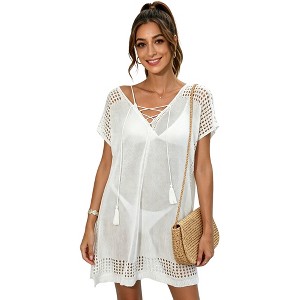 Women Crochet Cover Up Dress Open Knit Boho Beach Coverup with Tassel Tie V Neck, Sleeveless Flowy Swimsuit Summer Cover Up White S