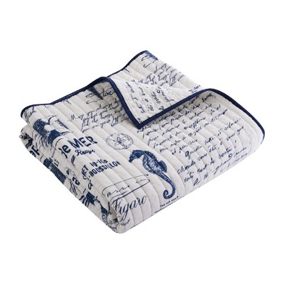 Navy and White Cotton Nautical Reversible Quilted Throw