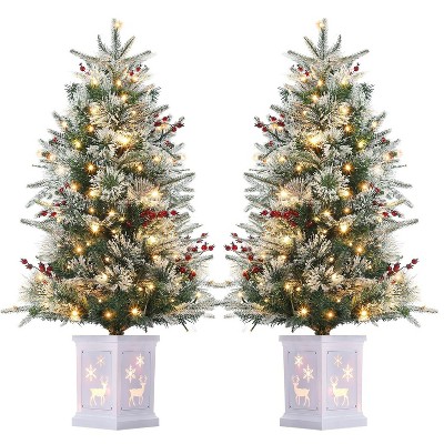 3ft Mini Xmas Tree, Pre-Lit Artificial Tree w/78 Warm White Lights, Tabletop Christmas Tree w/Timer Function, Snow Flocked Xmas Tree w/ Base