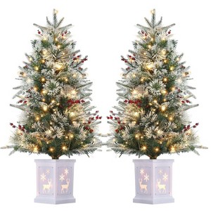 3ft Mini Xmas Tree, Pre-Lit Artificial Tree w/78 Warm White Lights, Tabletop Christmas Tree w/Timer Function, Snow Flocked Xmas Tree w/ Base - 1 of 4