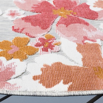 Gray and Pink Floral Round Synthetic Indoor/Outdoor Rug