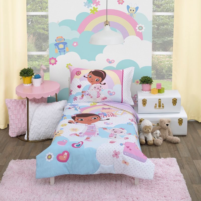 Disney Doc McStuffins - Cuddle Team Purple, White, and Blue 4 Piece Toddler Bed Set, 1 of 7