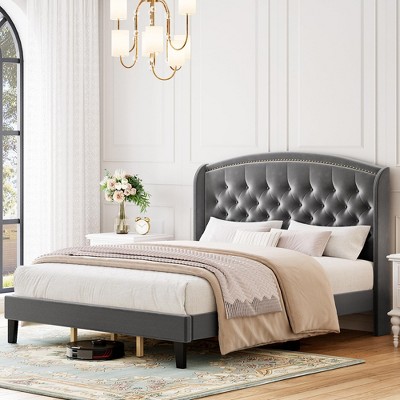 King Velvet Upholstered Platform Bed Frame with Wingback Tufted Headboard & Wood Slat Support, No Box Spring Needed