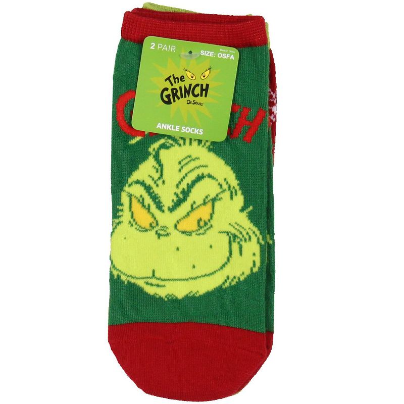 Dr Seuss The Grinch Socks Adult Christmas Holiday No-Show Ankle Socks 2 Pairs Multicoloured, 4 of 5