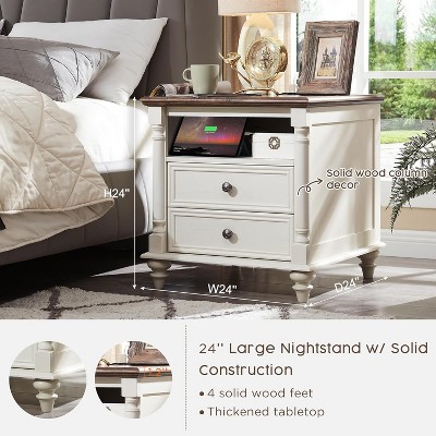 24" White and Brown Wood Farmhouse Nightstand with 2 Drawers