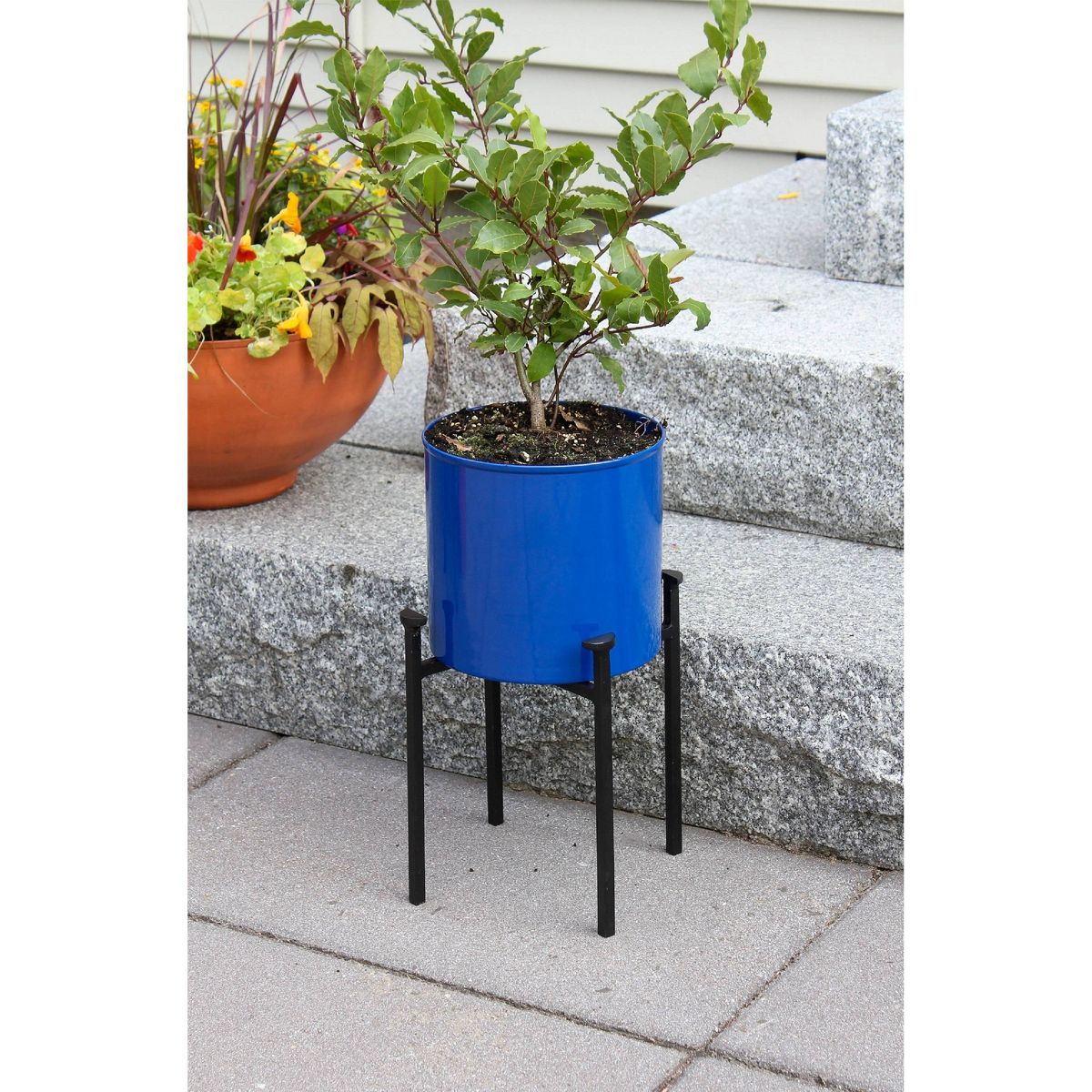 ACHLA Designs 8" Wide Cylinder Planter Pot Galvanized Steel with 4-Legged Black Wrought Iron Plant Stand  French Blue - thumbnail 5