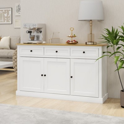GlasFlength Decorative Storage Cabinet MDF Buffet Cabinet with 3 Drawers & 3 Doors, White, 53.14"*14.96"*31.49"