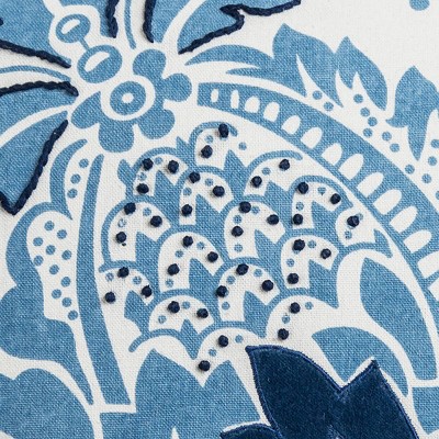Navy and White Embroidered Cotton Floral Euro Pillow Cover