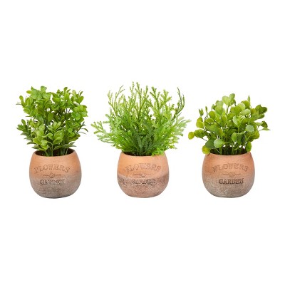 Artificial 8" Tall Greenery Arrangement House Plants in Pots- Round Set of 3, Decorative Faux Indoor Ornamental Potted Foliage by Nature Spring