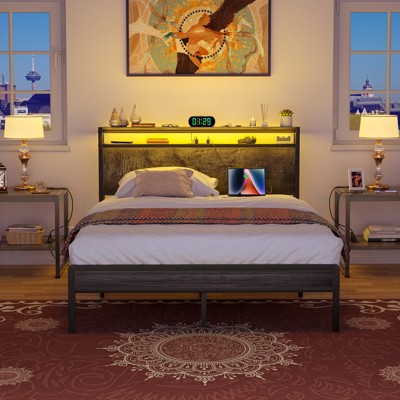 Aheaplus Platform Bed Frame with Charged Station and LED Lights