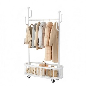 Rolling Clothes Rack with Wheels – Metal Standing Garment Rack, Storage Shelf & 4 Hooks, Hanger Rack for Bedroom Closet & Living Room - 1 of 4