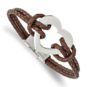 Black Bow Jewelry Stainless Steel Heart and Brown Leather Bracelet, 7.5 Inch - 1 of 4