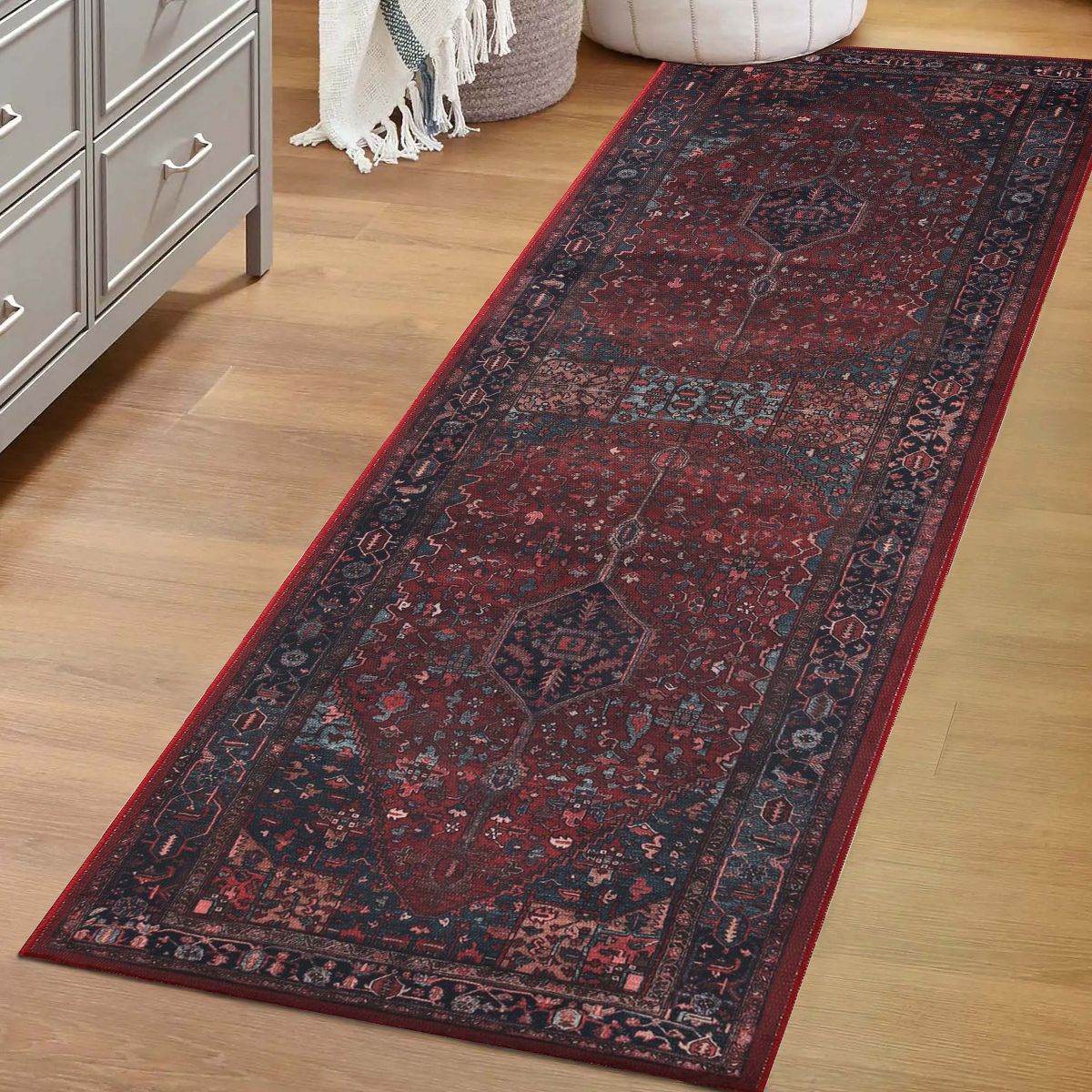 Vintage Faded Floral Medallion Border Machine Washable Indoor Area Rug or Runner by Blue Nile Mills - thumbnail 8