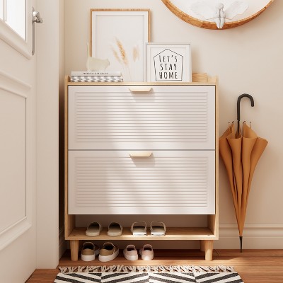 VYNXARIA 31.5 Inch Nordic Style Shoe Storage Cabinet with 2 Flip Drawers, Freestanding Organizer with Solid Wood Legs for Entryway
