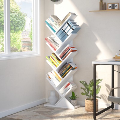 Aheaplus 9-Tier Corner Tree Bookshelf, Wood Storage Shelf Holds Books, CDs, Game Consoles