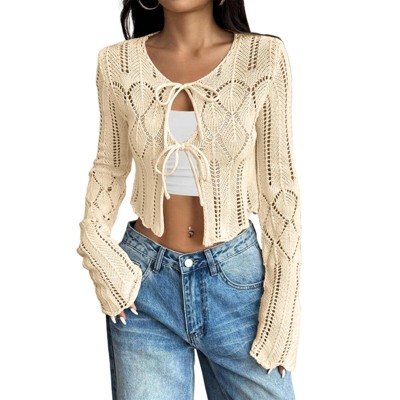Womens Cardigan Casual Open Front Knit Lace Up Crop Cardigan
