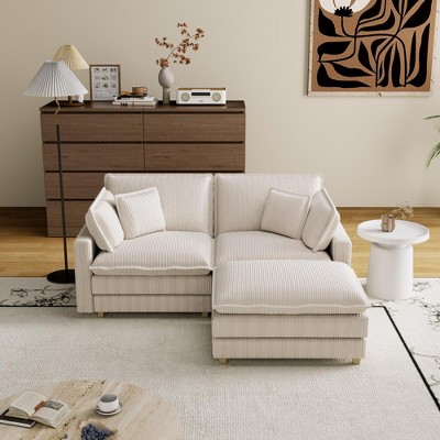Modular Corduroy Deep Seat L-Shaped Sectional Sofa with 4 Pillows and Removable Ottoman for Living Room, Bedroom, or Apartment