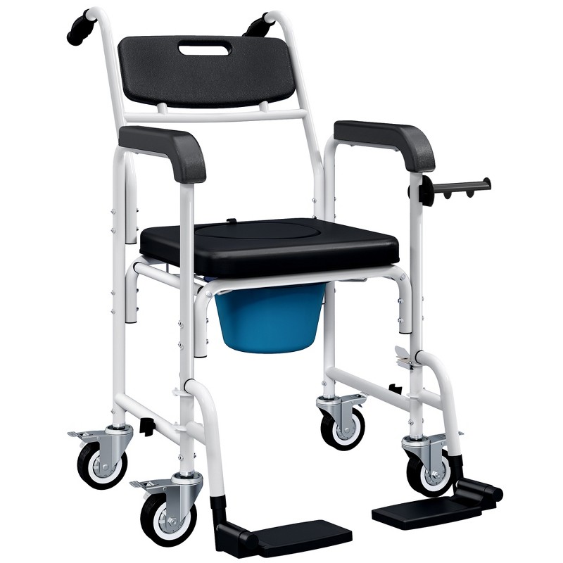 HOMCOM Shower Wheelchair with Commode, Rolling Bath Chair with Locking Wheels